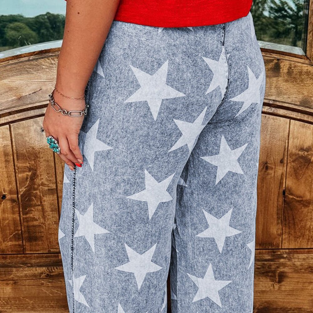 B274 Light Blue Star Print Light Wash Drawstring High Waist Wide Leg Jeans - Picture 4 of 12